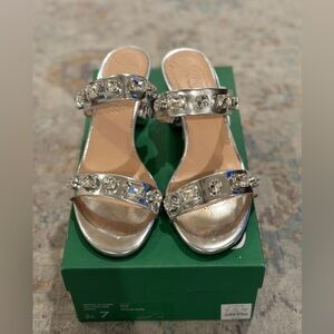 Metallic Two Strap with crystal stones block heel sandal